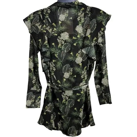 Madisonne Sheer peplum ruffle shirt dress sheer green/black Medium $69 - Picture 3 of 11